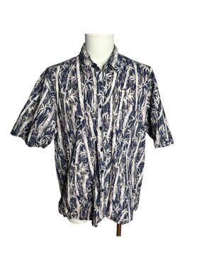 Cooke Street Button Up Hawaiian Shirt L Blue Cream Bamboo Short Sleeve Pocket